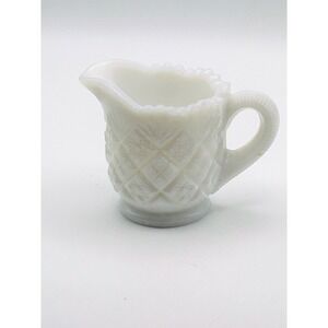 Vintage White Milk Glass Creamer Diamond Point Fan Pattern Scallop Sawtooth Rim